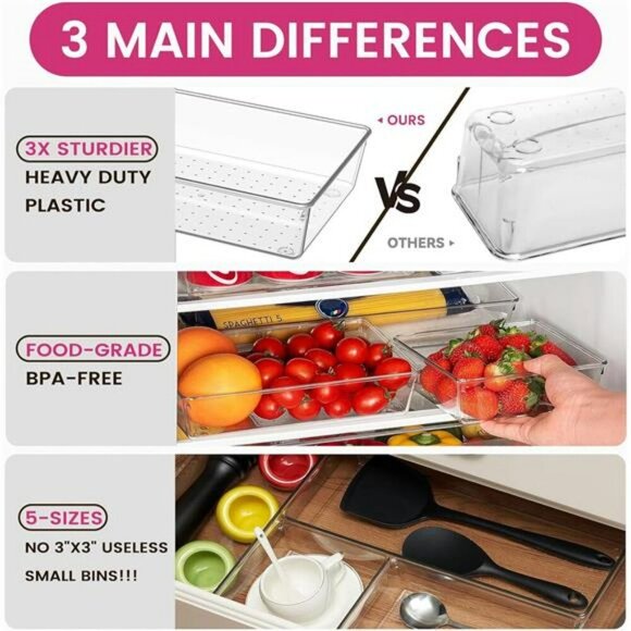 Clear Plastic Drawer Organizer Bins Set Kitchen Bathroom Makeup Storage - Picture 5 of 7